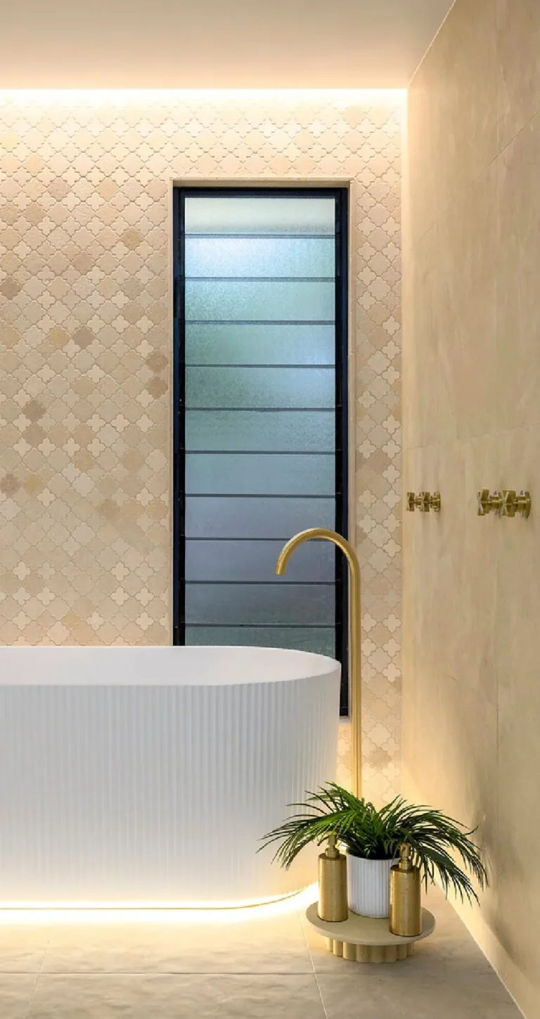Tiled niche and brass tapware